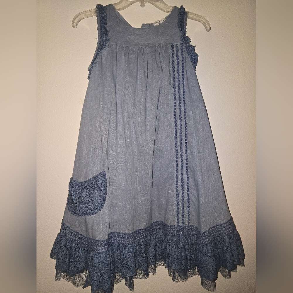 Blue firefly hunting dress sleeveless blue lace trim tai - Picture 2 of 10
